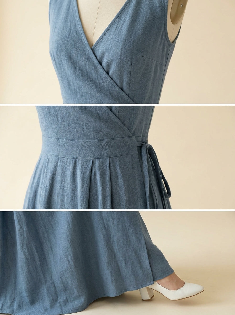 dusty blue wrap midi dress with softly pleated skirt — detail view