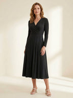 Pleated-Skirt Wrap Midi Dress in Black