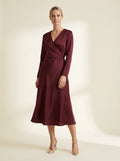 deep burgundy satin-touch wrap midi dress with subtle luminous sheen — front view