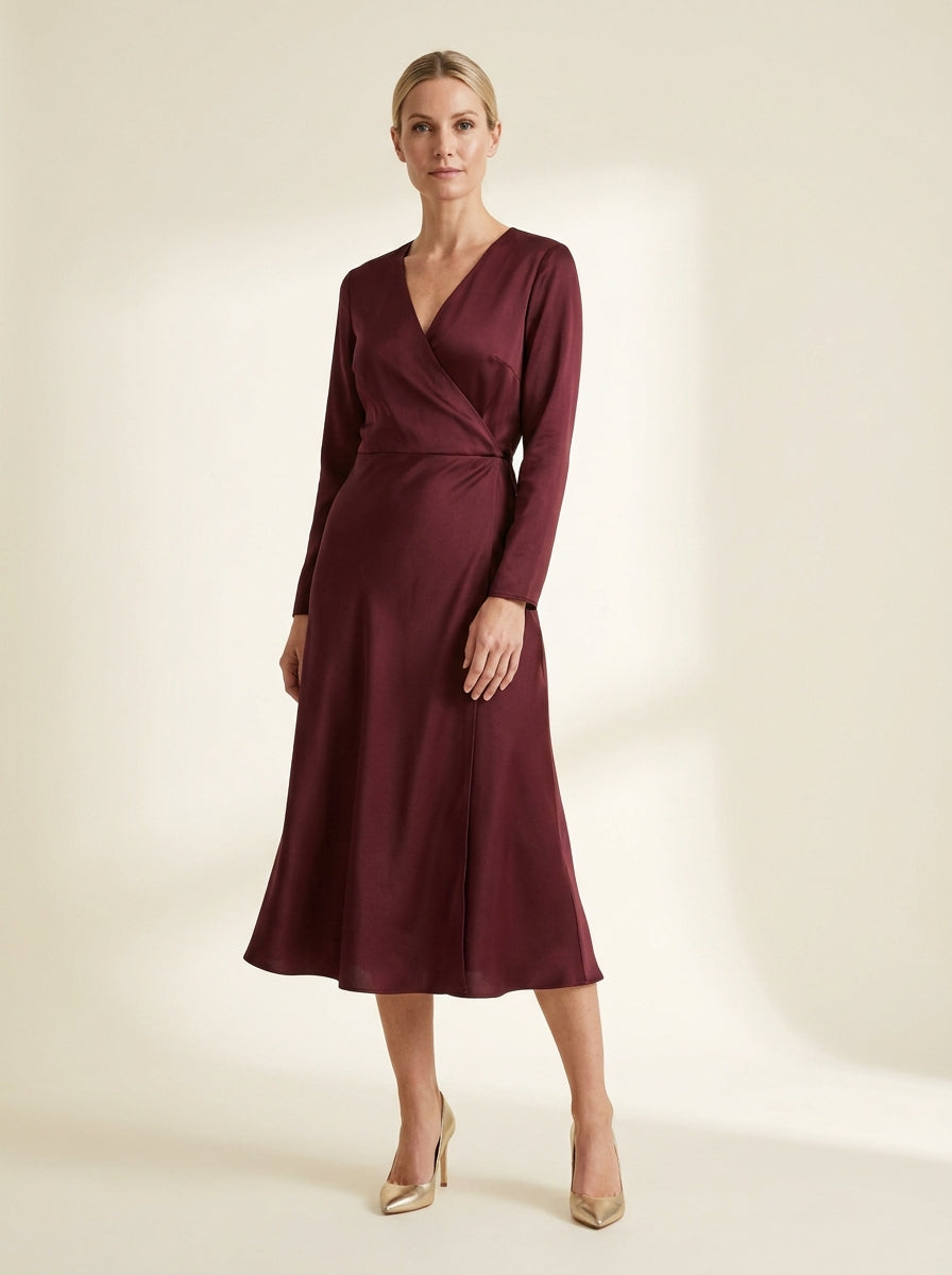 Satin-Touch Wrap Midi Dress – Hopeforwho