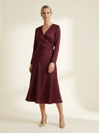 deep burgundy satin-touch wrap midi dress with subtle luminous sheen — front view