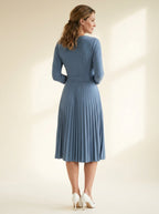dusty blue wrap midi dress with softly pleated skirt — back view