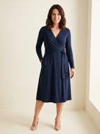 navy V-neck long sleeve wrap midi dress with adjustable tie waist — front view