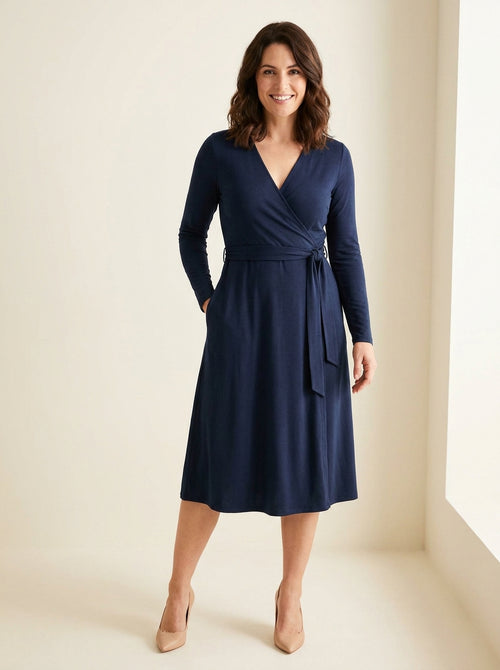 navy V-neck long sleeve wrap midi dress with adjustable tie waist — front view
