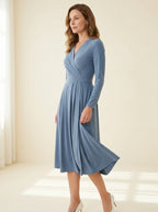dusty blue wrap midi dress with softly pleated skirt — angle view