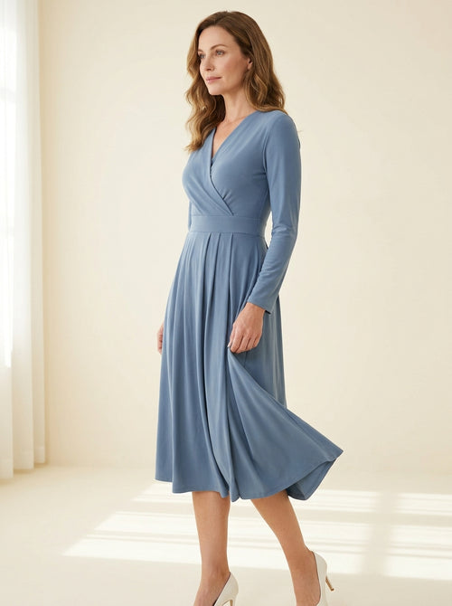 dusty blue wrap midi dress with softly pleated skirt — angle view
