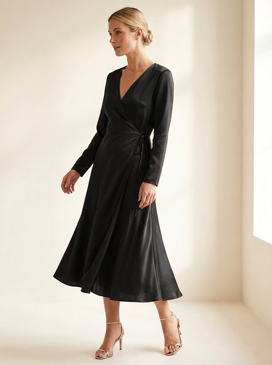 Satin-Touch Wrap Midi Dress in Black — angle view