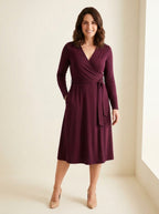 Classic V-Neck Wrap Midi Dress in Burgundy