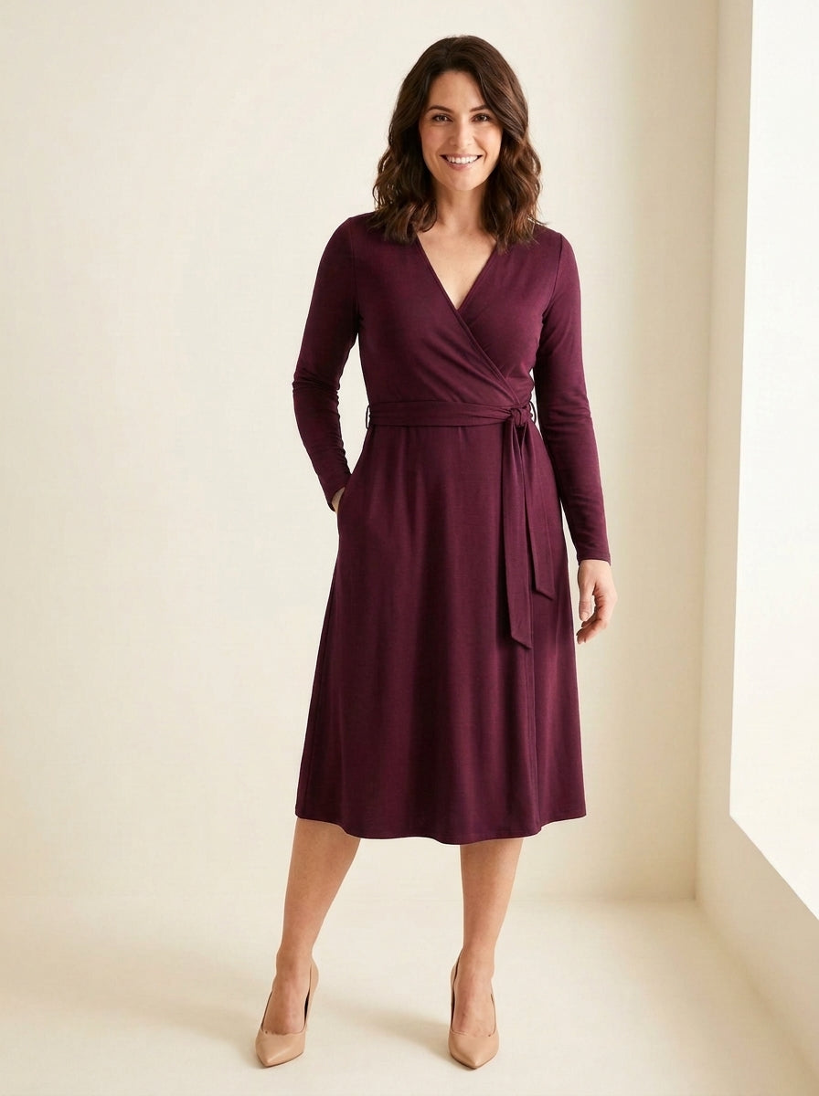 Classic V-Neck Wrap Midi Dress in Burgundy