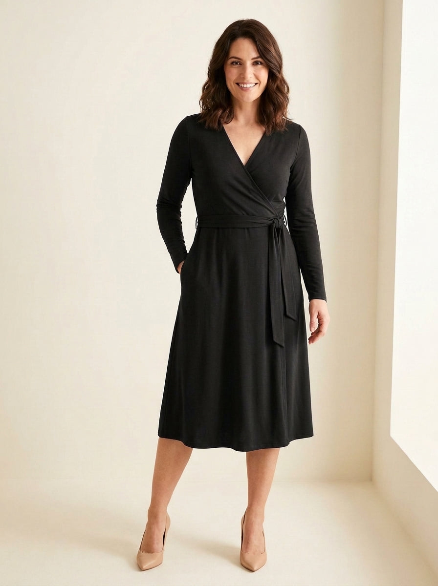 Classic V-Neck Wrap Midi Dress in Black