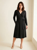 Classic V-Neck Wrap Midi Dress in Black