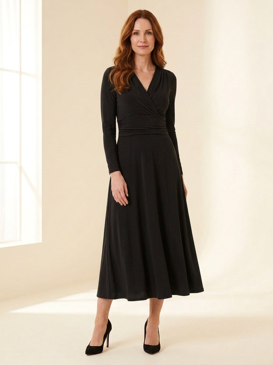 Ruched-Waist Long Sleeve Midi Dress in Black