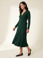 Side-Tie Wrap Midi Dress in Forest Green — angle view
