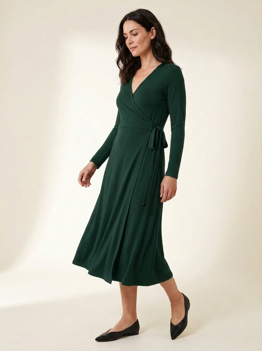 Side-Tie Wrap Midi Dress in Forest Green — angle view