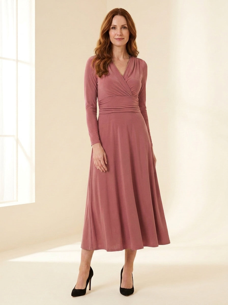 Ruched-Waist Long Sleeve Midi Dress in Dusty Rose