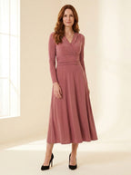 Ruched-Waist Long Sleeve Midi Dress in Dusty Rose