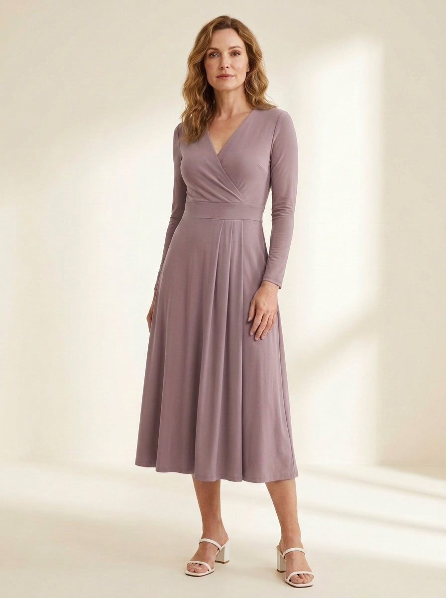 Pleated-Skirt Wrap Midi Dress in Mauve