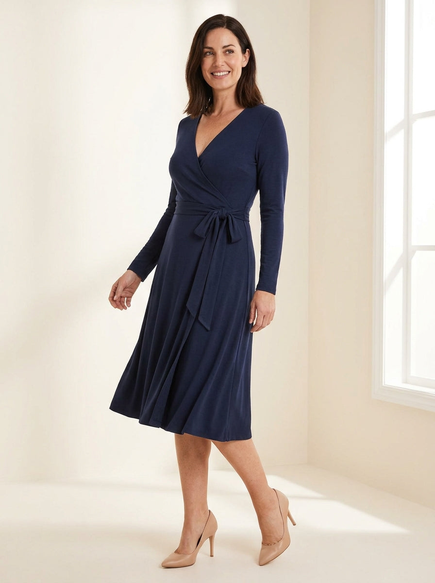 navy V-neck long sleeve wrap midi dress with adjustable tie waist — angle view