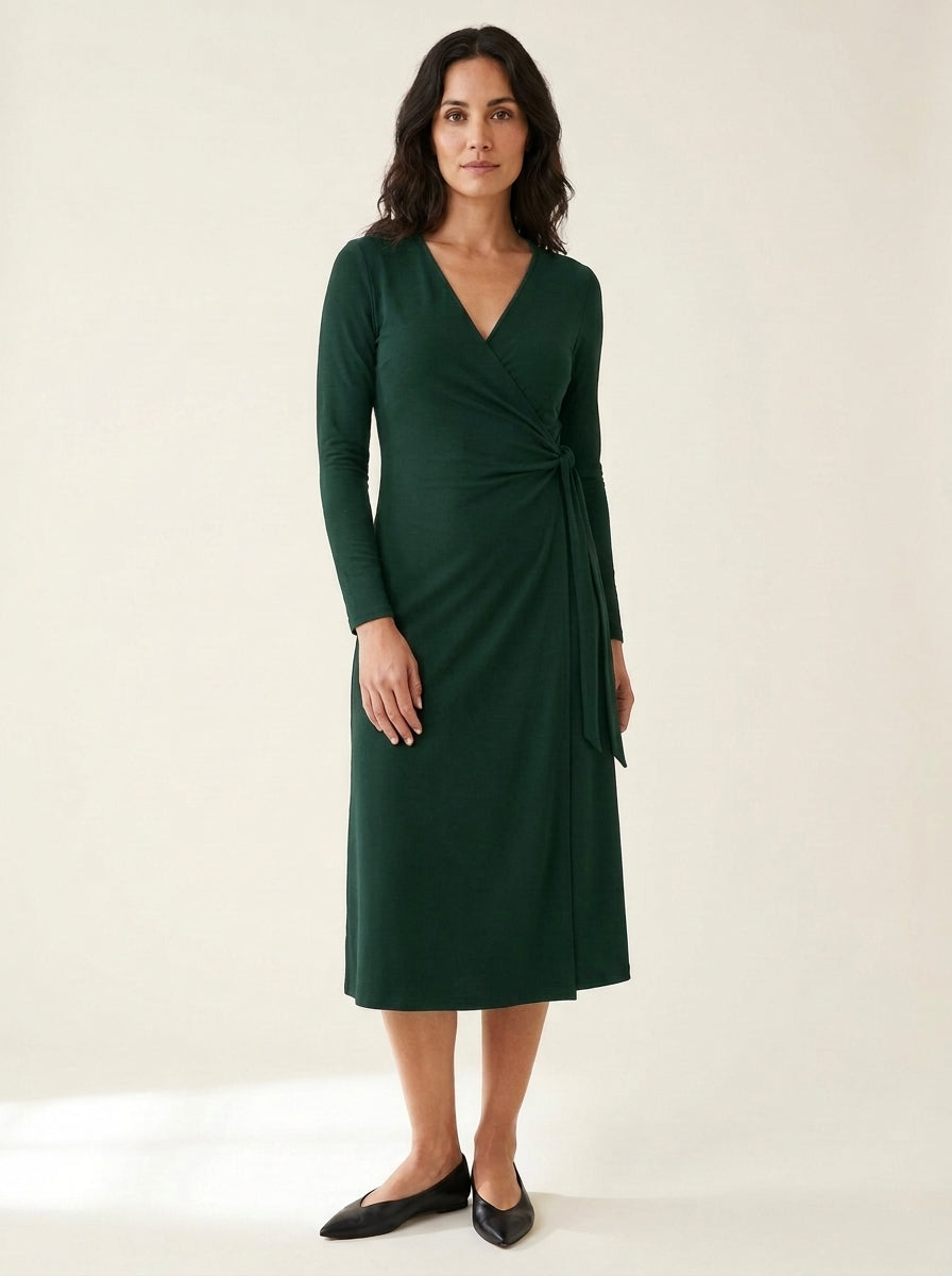 Side-Tie Wrap Midi Dress in Forest Green