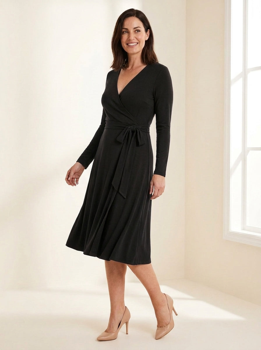 Classic V-Neck Wrap Midi Dress in Black — angle view