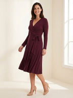 Classic V-Neck Wrap Midi Dress in Burgundy — angle view