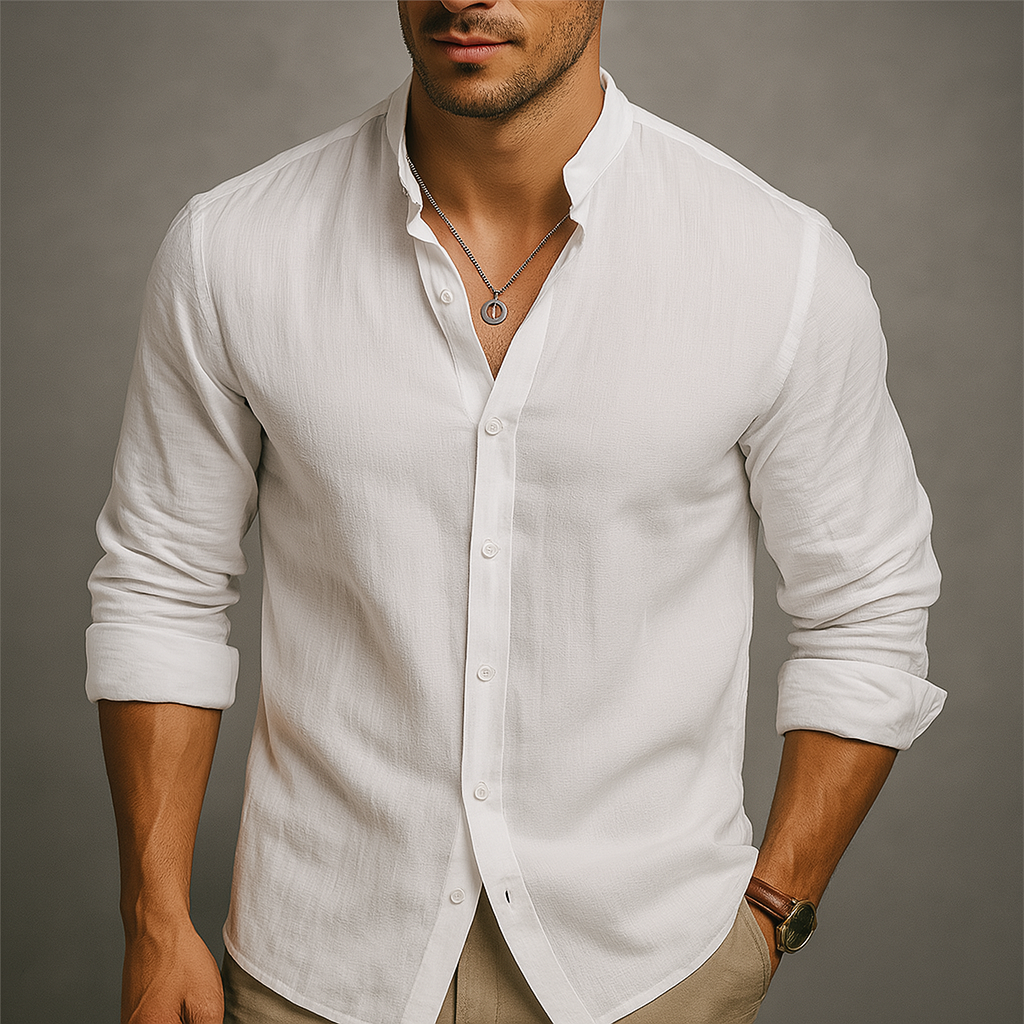 Linen Button-Up Shirt – Men's Band Collar Summer Shirt | Avani — Hopeforwho (view 3)