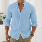 Linen Button-Up Shirt – Men's Band Collar Summer Shirt | Avani — Hopeforwho (view 6)