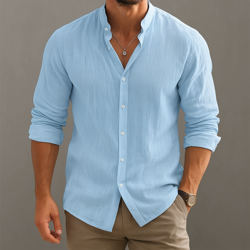 Linen Button-Up Shirt – Men's Band Collar Summer Shirt | Avani — Hopeforwho (view 5)