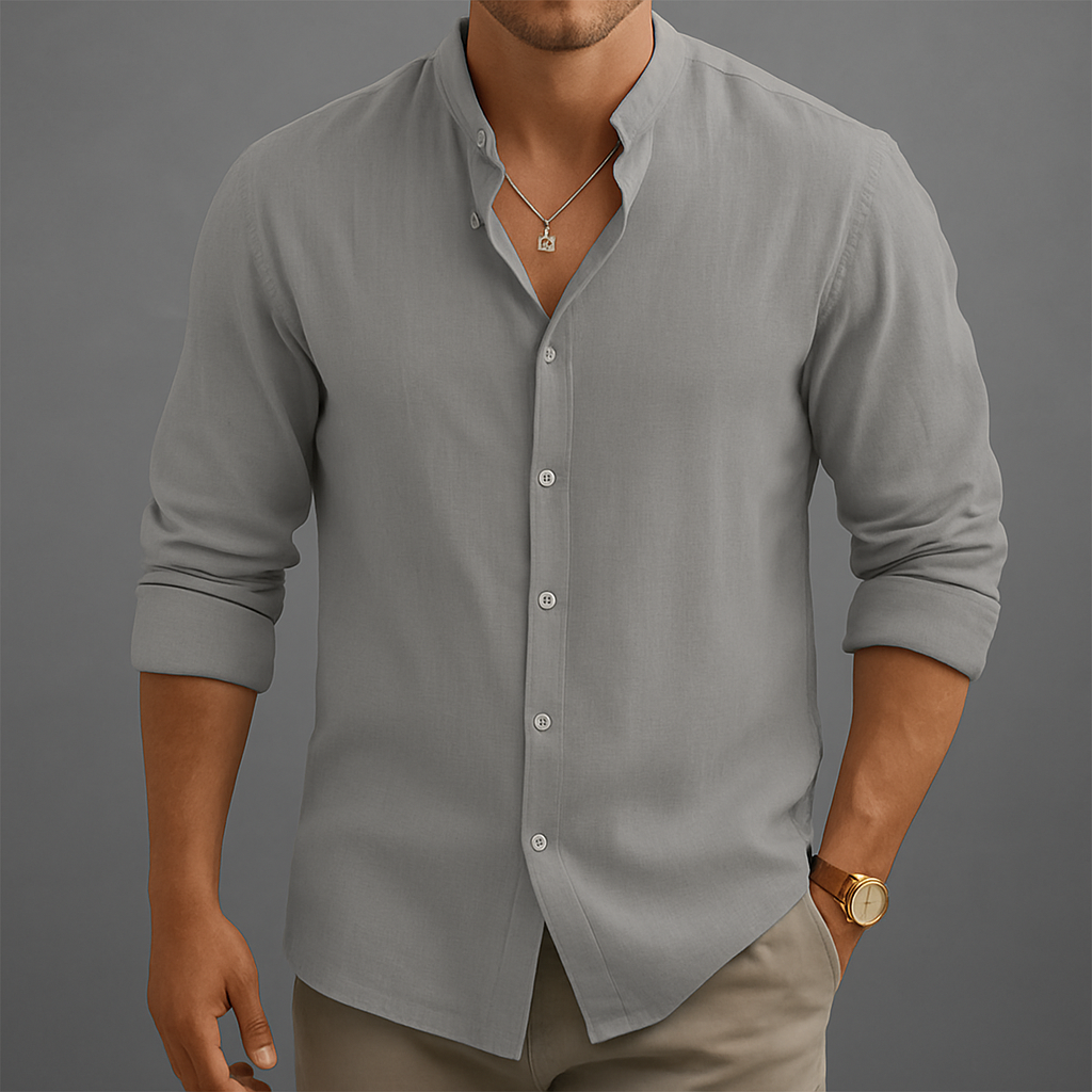 Linen Button-Up Shirt – Men's Band Collar Summer Shirt | Avani — Hopeforwho (view 4)
