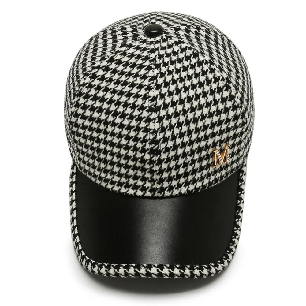 Houndstooth Cap – Leather Brim Adjustable Hat | Milano — Hopeforwho (view 5)