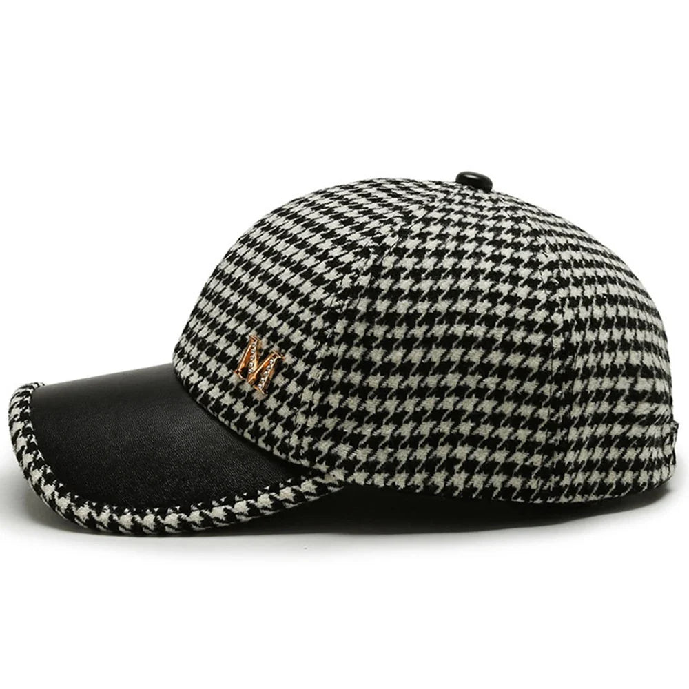 Houndstooth Cap – Leather Brim Adjustable Hat | Milano — Hopeforwho (view 4)