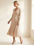 Satin-Touch Wrap Midi Dress in Champagne — angle view
