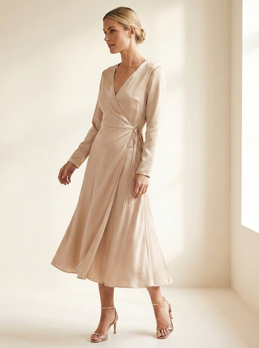Satin-Touch Wrap Midi Dress in Champagne — angle view