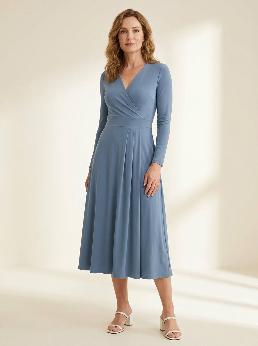 dusty blue wrap midi dress with softly pleated skirt — front view