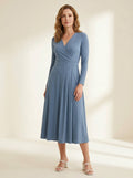 dusty blue wrap midi dress with softly pleated skirt — front view