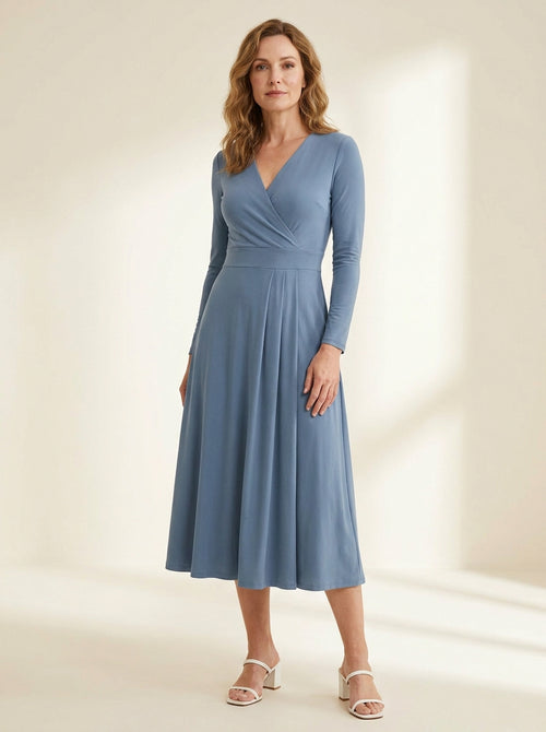 dusty blue wrap midi dress with softly pleated skirt — front view