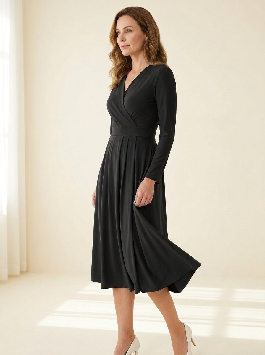 Pleated-Skirt Wrap Midi Dress in Black — angle view