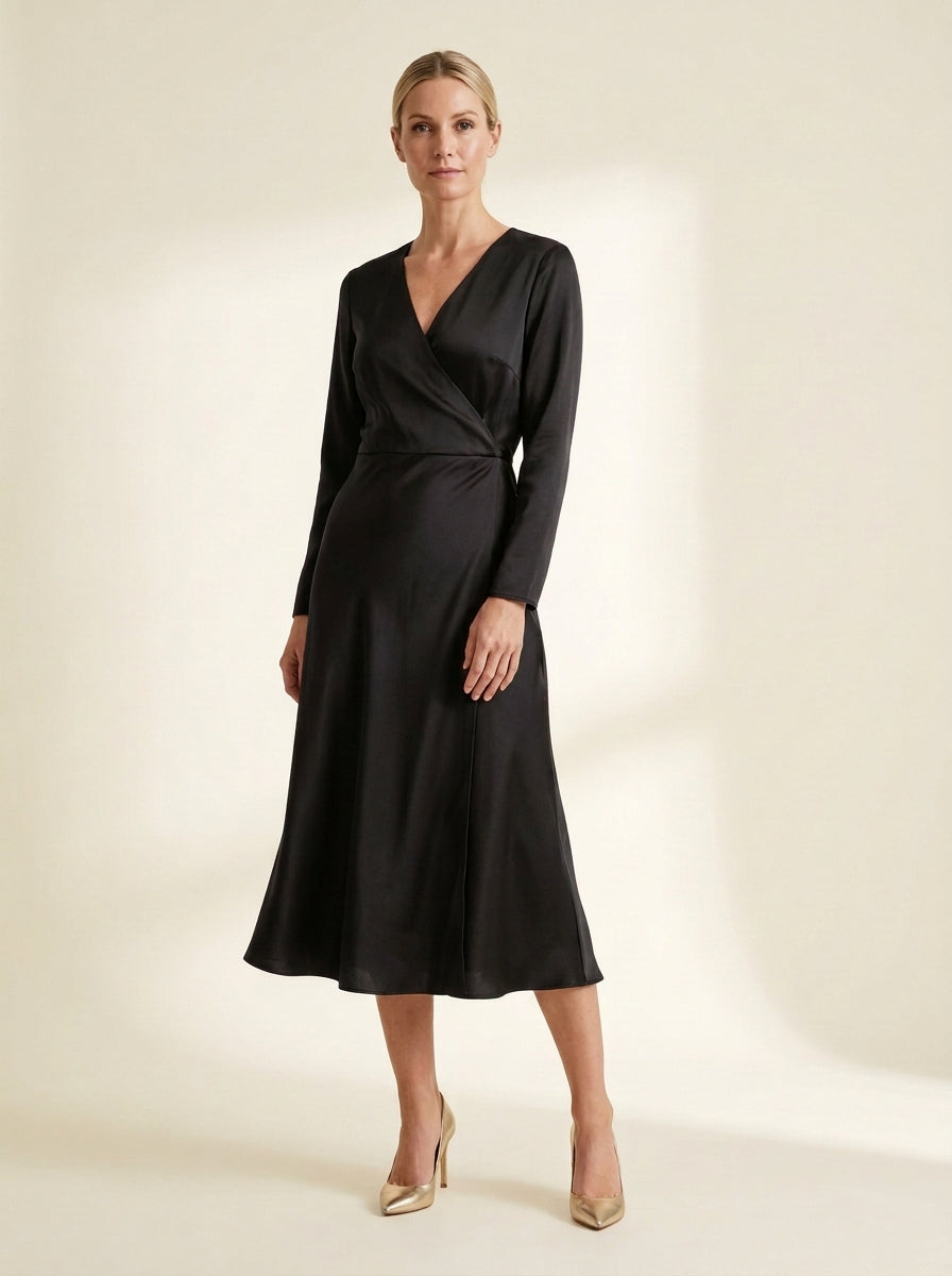 Satin-Touch Wrap Midi Dress in Black