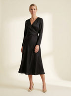 Satin-Touch Wrap Midi Dress in Black
