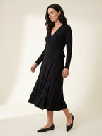 black side-tie wrap midi dress — angle view