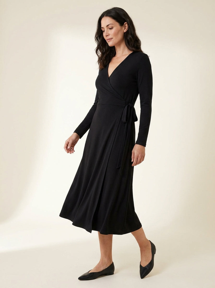 black side-tie wrap midi dress — angle view