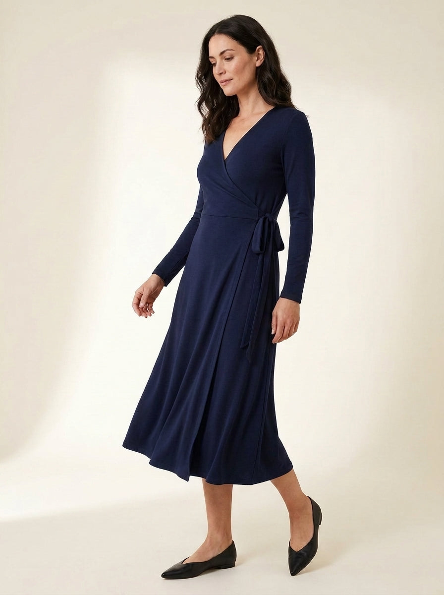 Side-Tie Wrap Midi Dress in Navy — angle view