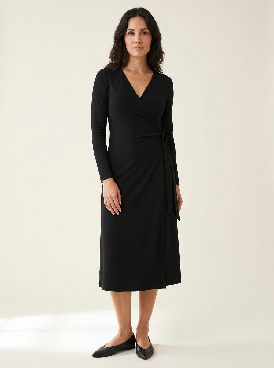 black side-tie wrap midi dress — front view