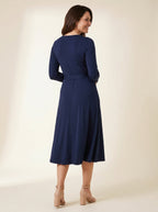 navy V-neck long sleeve wrap midi dress with adjustable tie waist — back view