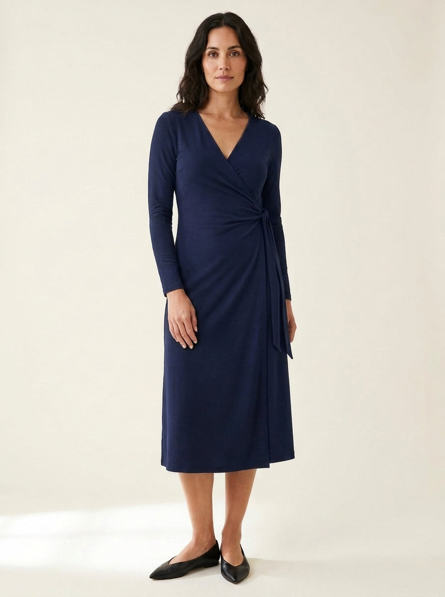 Side-Tie Wrap Midi Dress in Navy