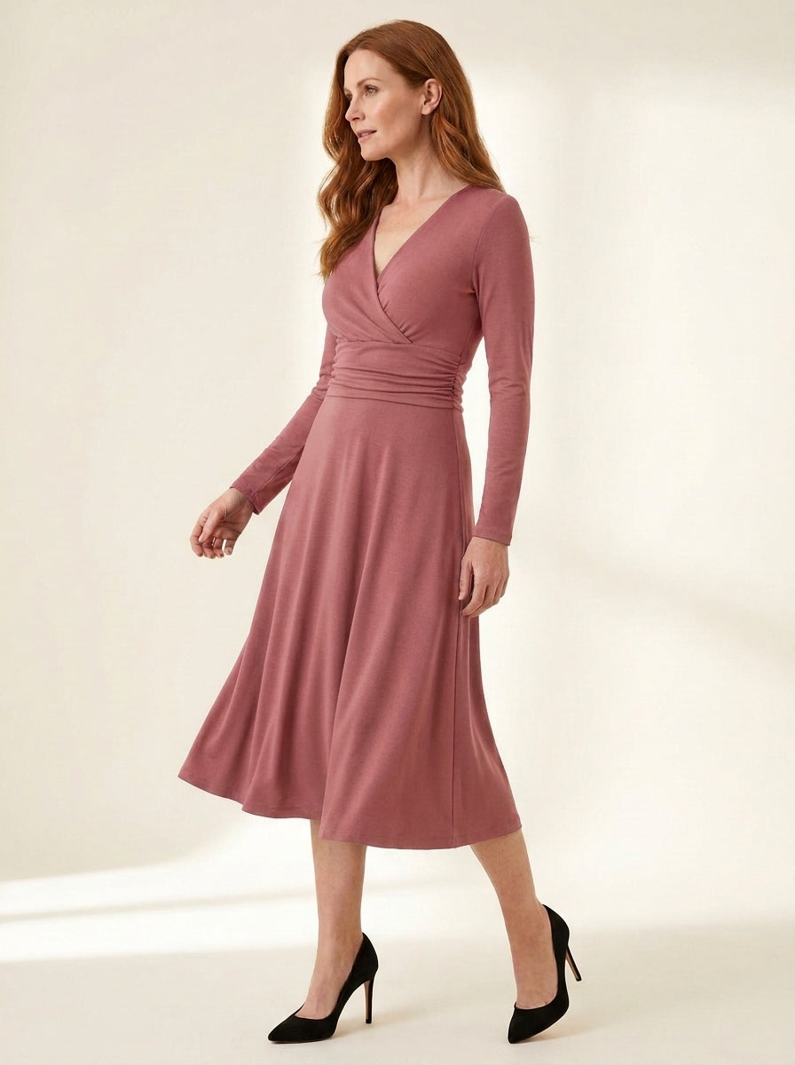 Ruched-Waist Long Sleeve Midi Dress in Dusty Rose — angle view