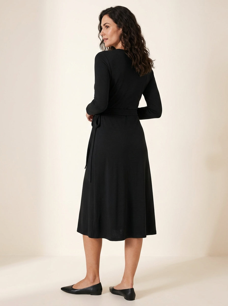 black side-tie wrap midi dress — back view