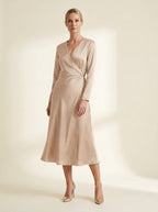 Satin-Touch Wrap Midi Dress in Champagne