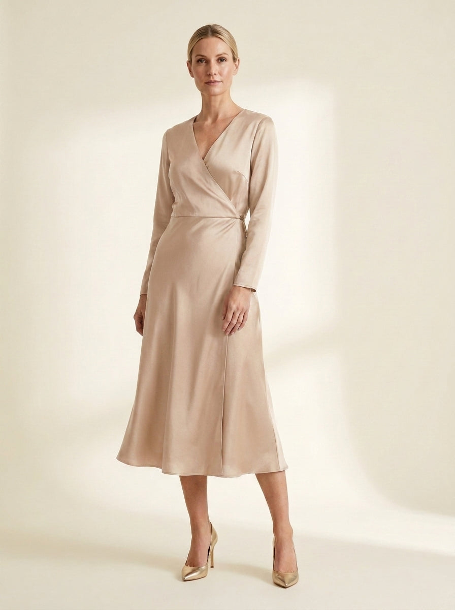 Satin-Touch Wrap Midi Dress in Champagne