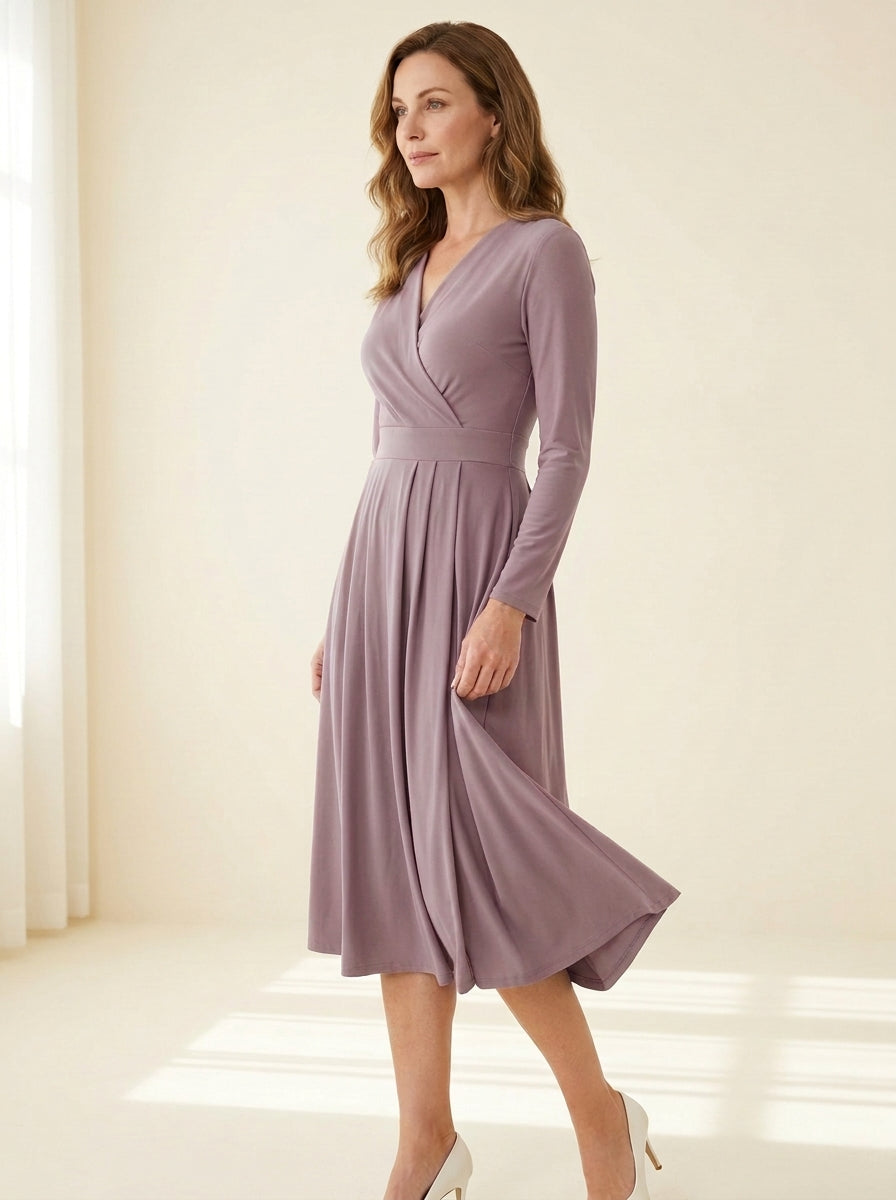 Pleated-Skirt Wrap Midi Dress in Mauve — angle view